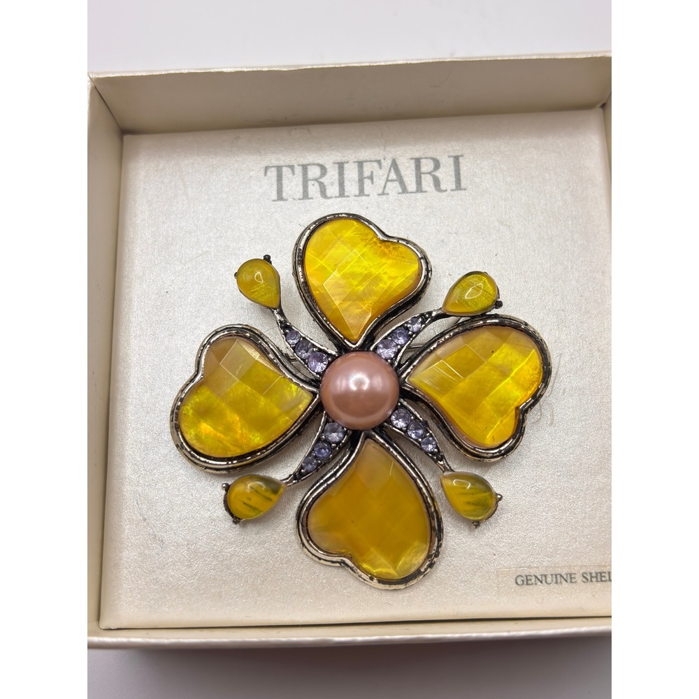 Trifari Yellow Shell Flower Brooch Pink Faux Pearl Purple Rhinestone Silver Tone
